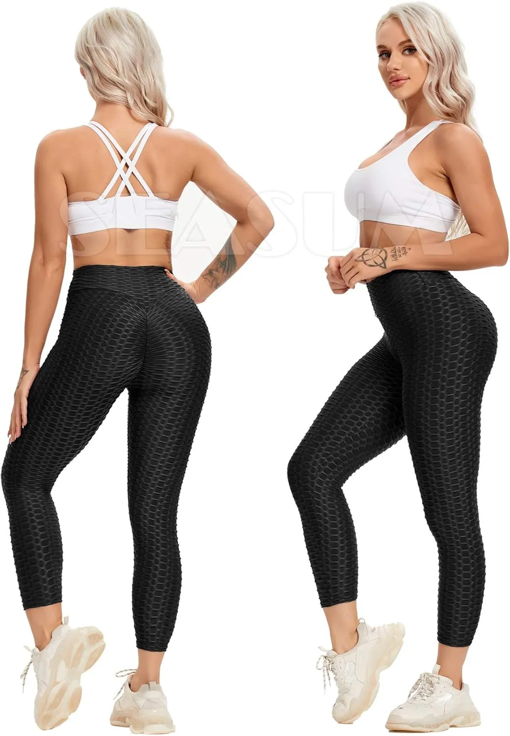 SEASUM Women High Waisted Workout Yoga Pants Butt Lifting Scrunch Booty Leggings Tummy Control Anti Cellulite Textured Tights