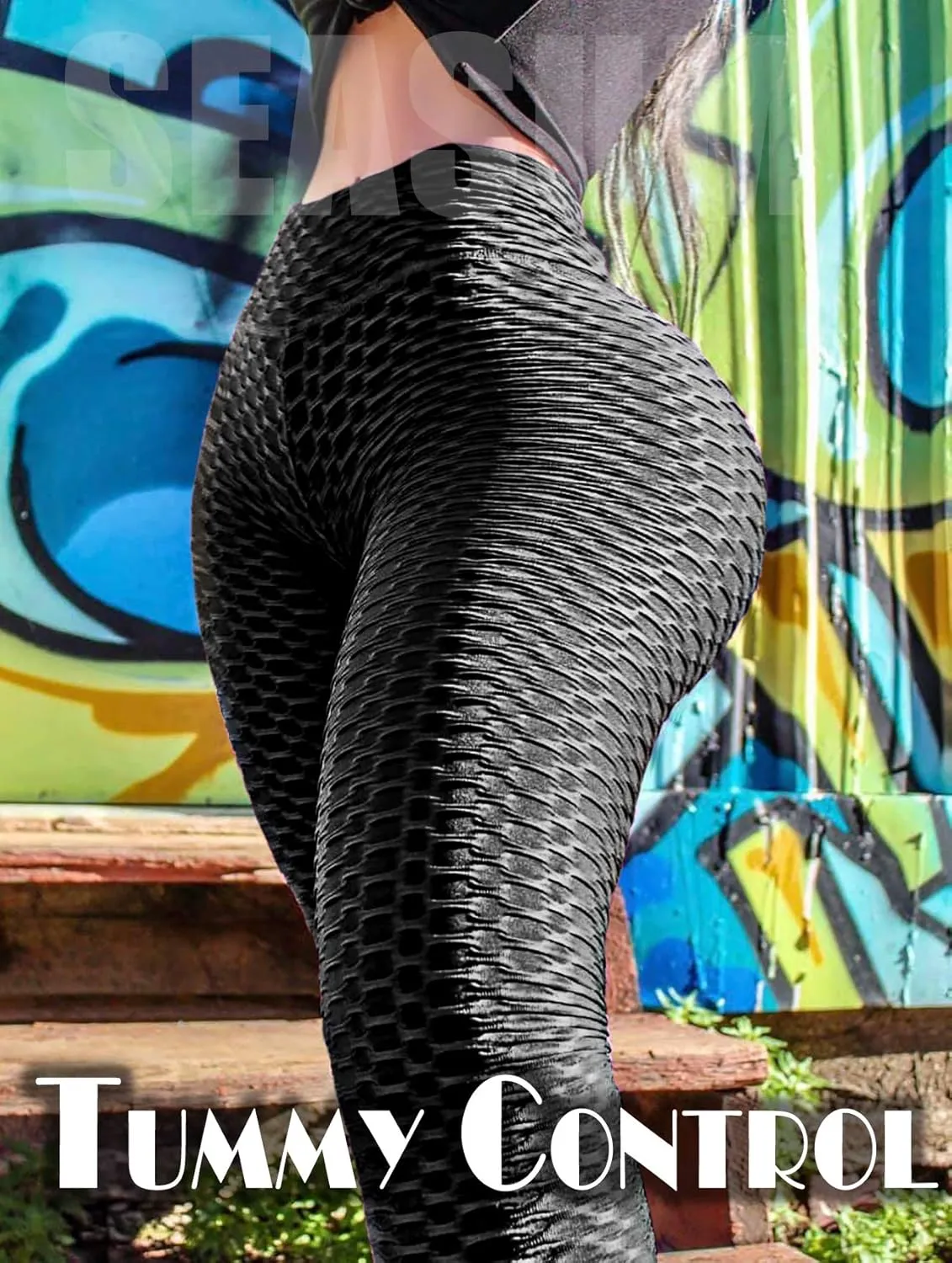 SEASUM Women High Waisted Workout Yoga Pants Butt Lifting Scrunch Booty Leggings Tummy Control Anti Cellulite Textured Tights