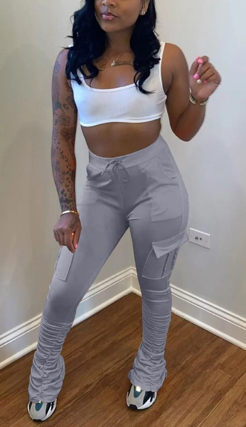 SHINFY Women's Stacked Leggings Pants,Casual Bell Bottom Yoga Pants Ruched Jogging Sweatpants