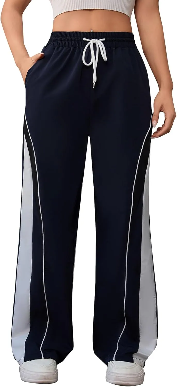 SOLY HUX Women's Parachute Pants Y2K Baggy Wide Leg Sweatpant Track Pants Color Block Drawstring Trousers