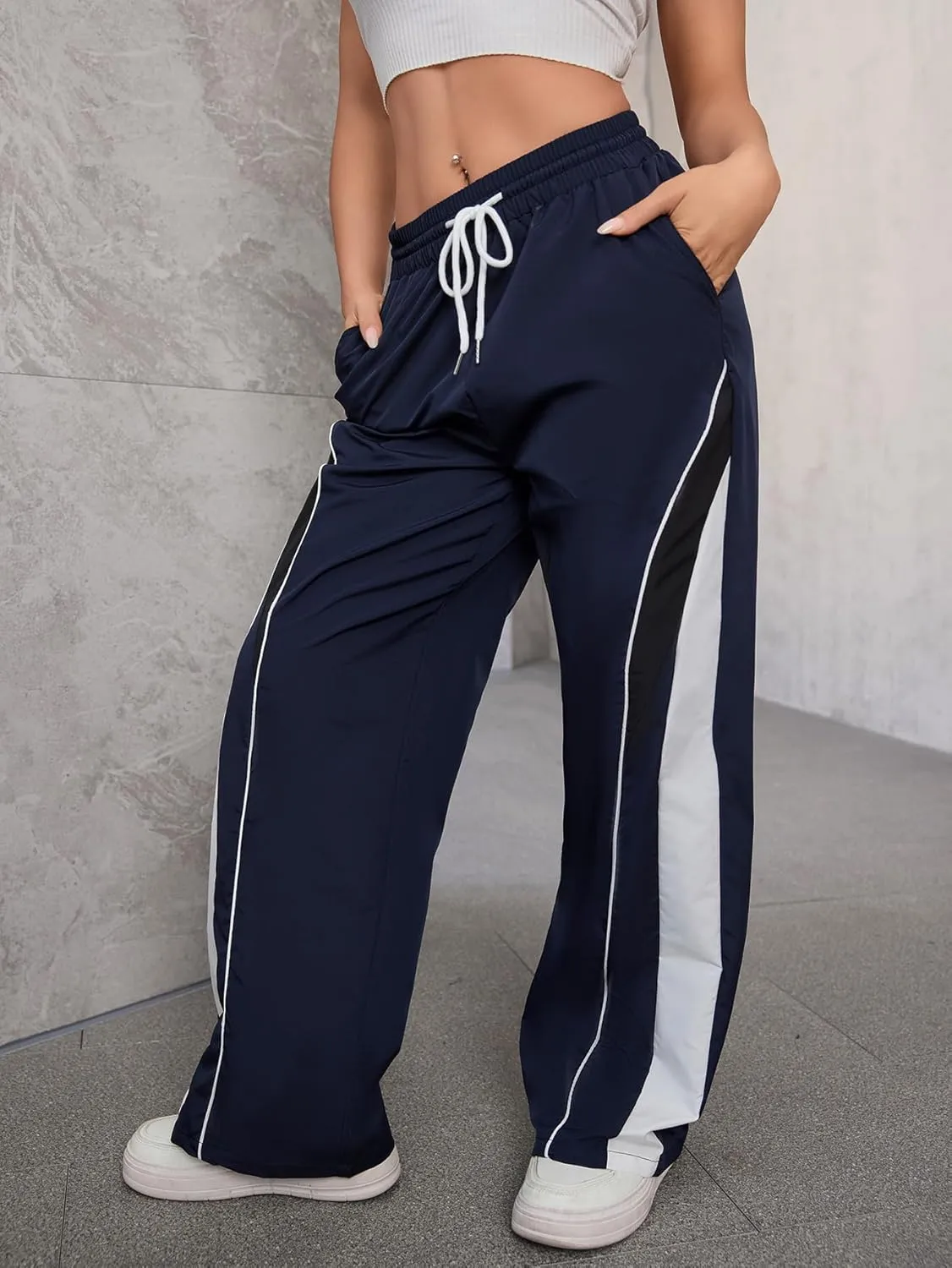 SOLY HUX Women's Parachute Pants Y2K Baggy Wide Leg Sweatpant Track Pants Color Block Drawstring Trousers