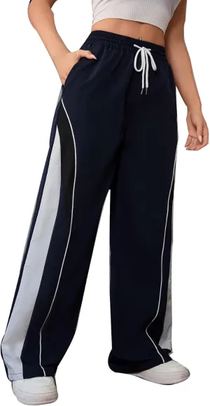 SOLY HUX Women's Parachute Pants Y2K Baggy Wide Leg Sweatpant Track Pants Color Block Drawstring Trousers