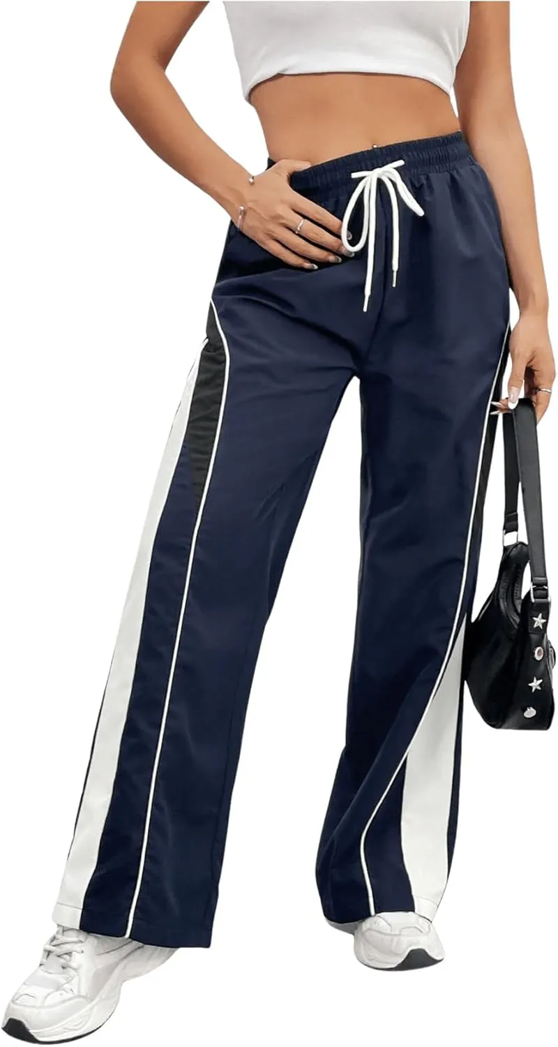 SOLY HUX Women's Parachute Pants Y2K Baggy Wide Leg Sweatpant Track Pants Color Block Drawstring Trousers