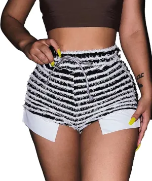 SOMTHRON Women's Stacked Fuzzy Pants High Waist Striped Leggings Knitted Bell Bottom Bodycon Trousers Streetwear