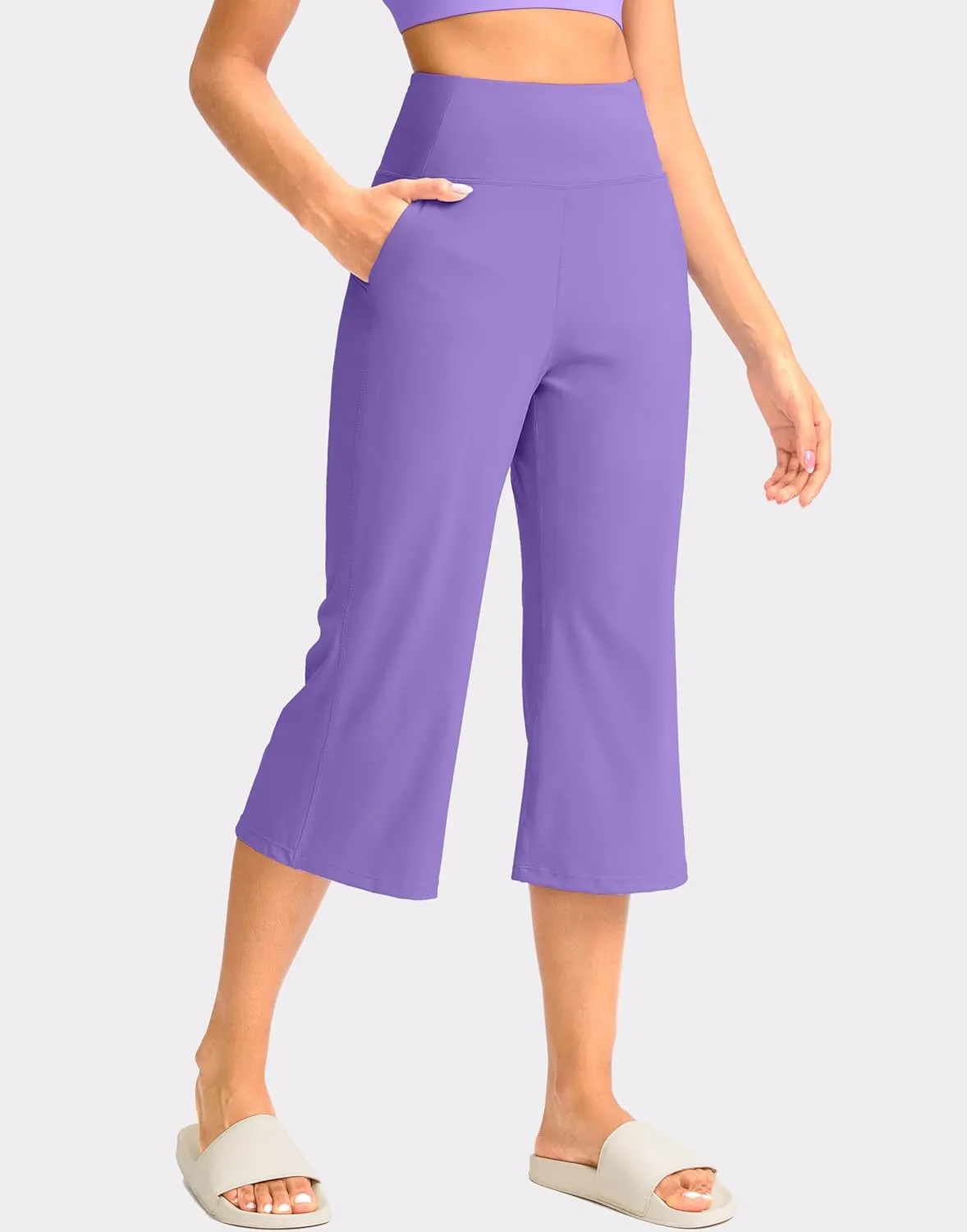 Soothfeel Capri Pants for Women Wide Leg Yoga Pants with Pockets High Waist Casual Dress Crop Pants