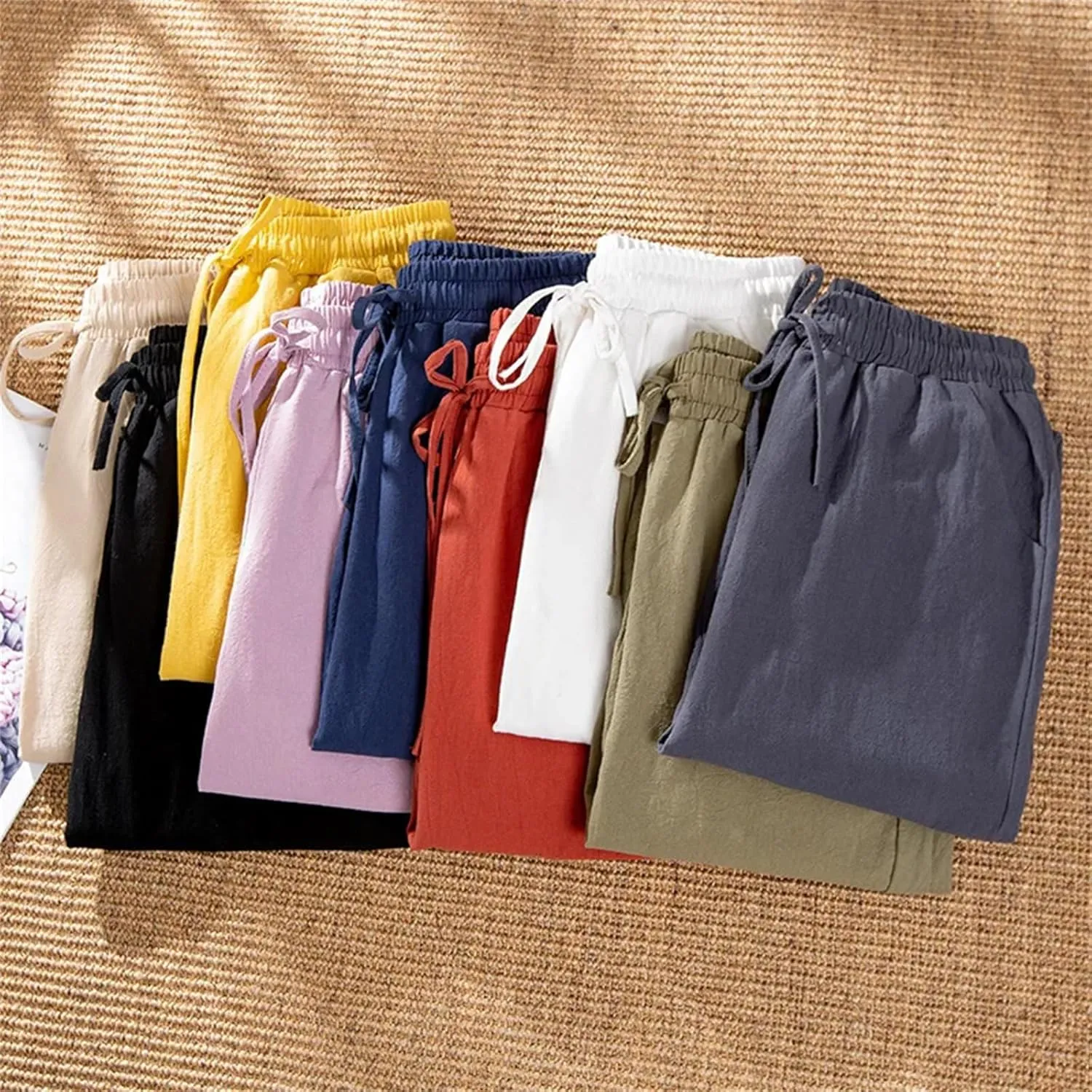 Spring Summer Pants for Women - Cotton Linen Solid Color, Elastic Waist, Casual Female Trousers