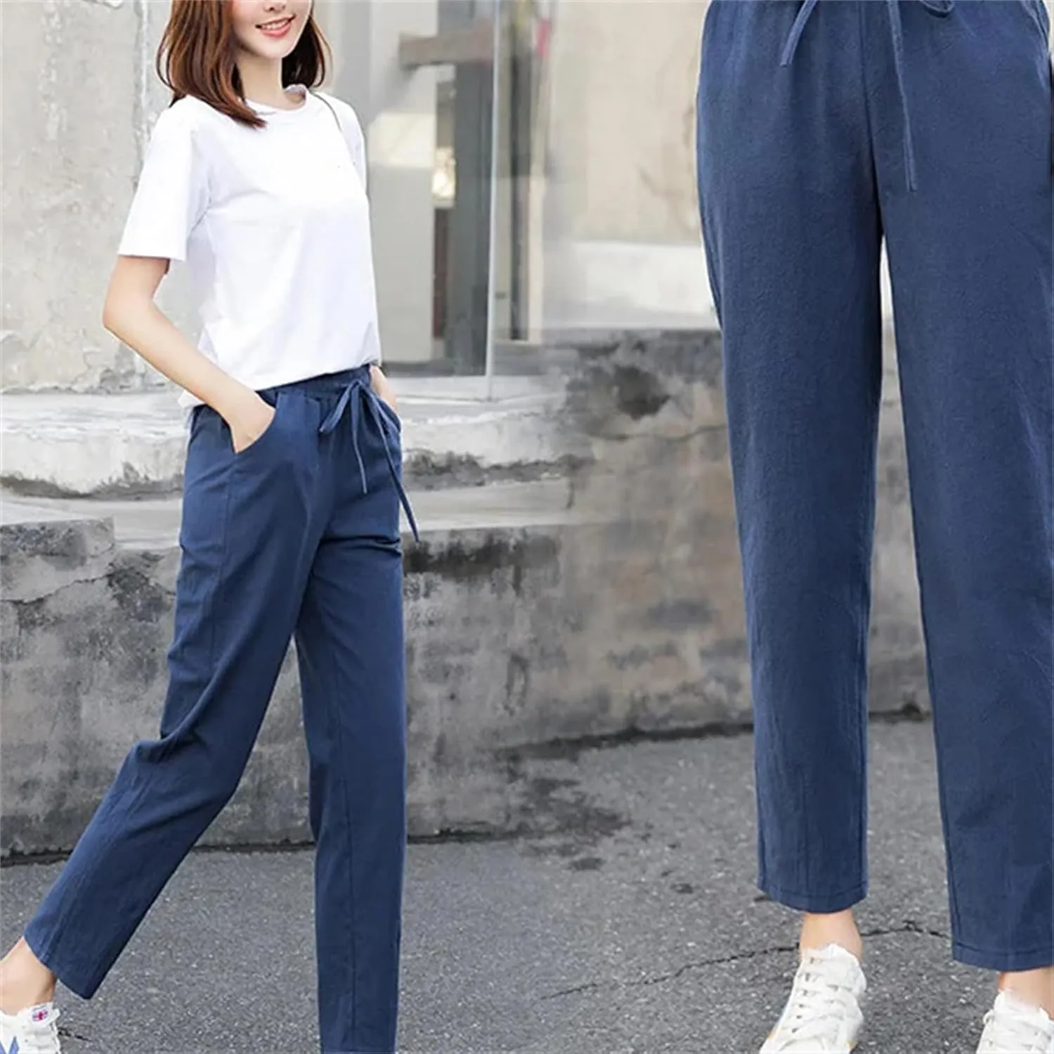 Spring Summer Pants for Women - Cotton Linen Solid Color, Elastic Waist, Casual Female Trousers