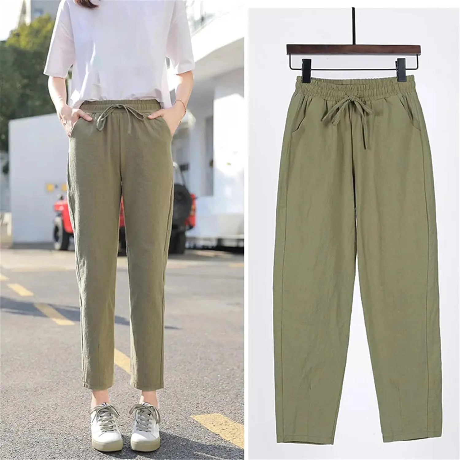 Spring Summer Pants for Women - Cotton Linen Solid Color, Elastic Waist, Casual Female Trousers