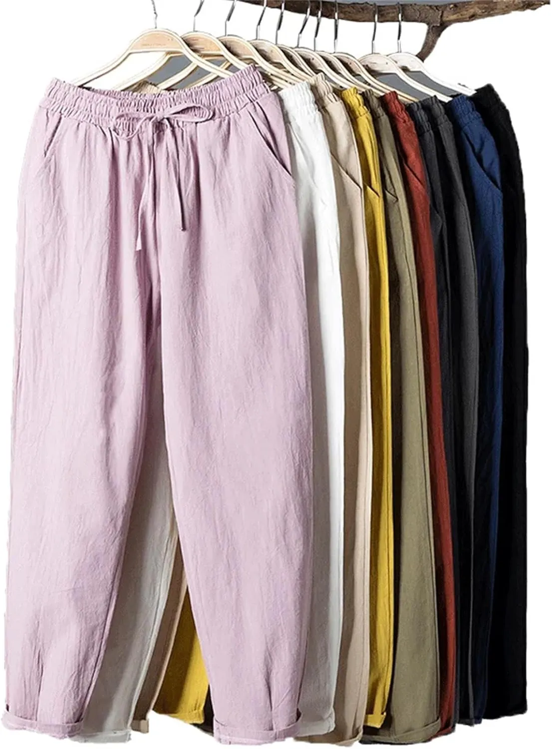 Spring Summer Pants for Women - Cotton Linen Solid Color, Elastic Waist, Casual Female Trousers