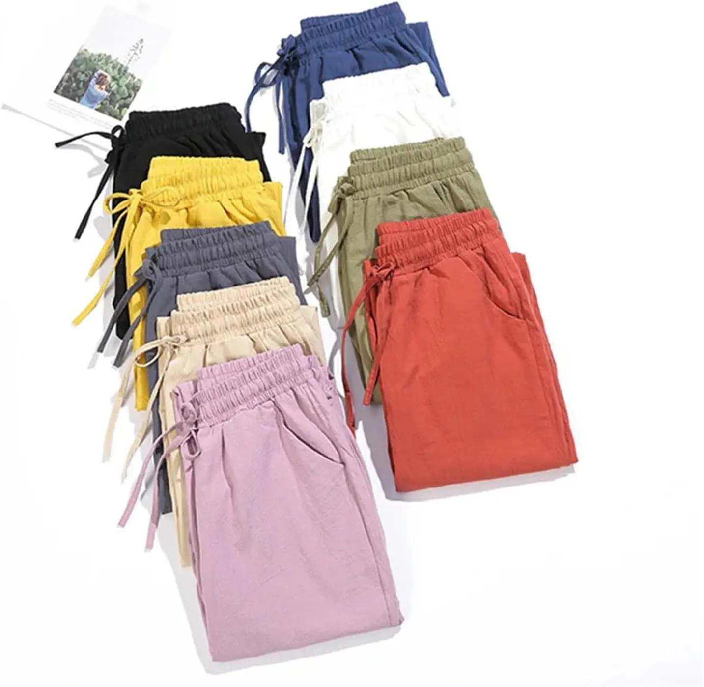 Spring Summer Pants for Women - Cotton Linen Solid Color, Elastic Waist, Casual Female Trousers