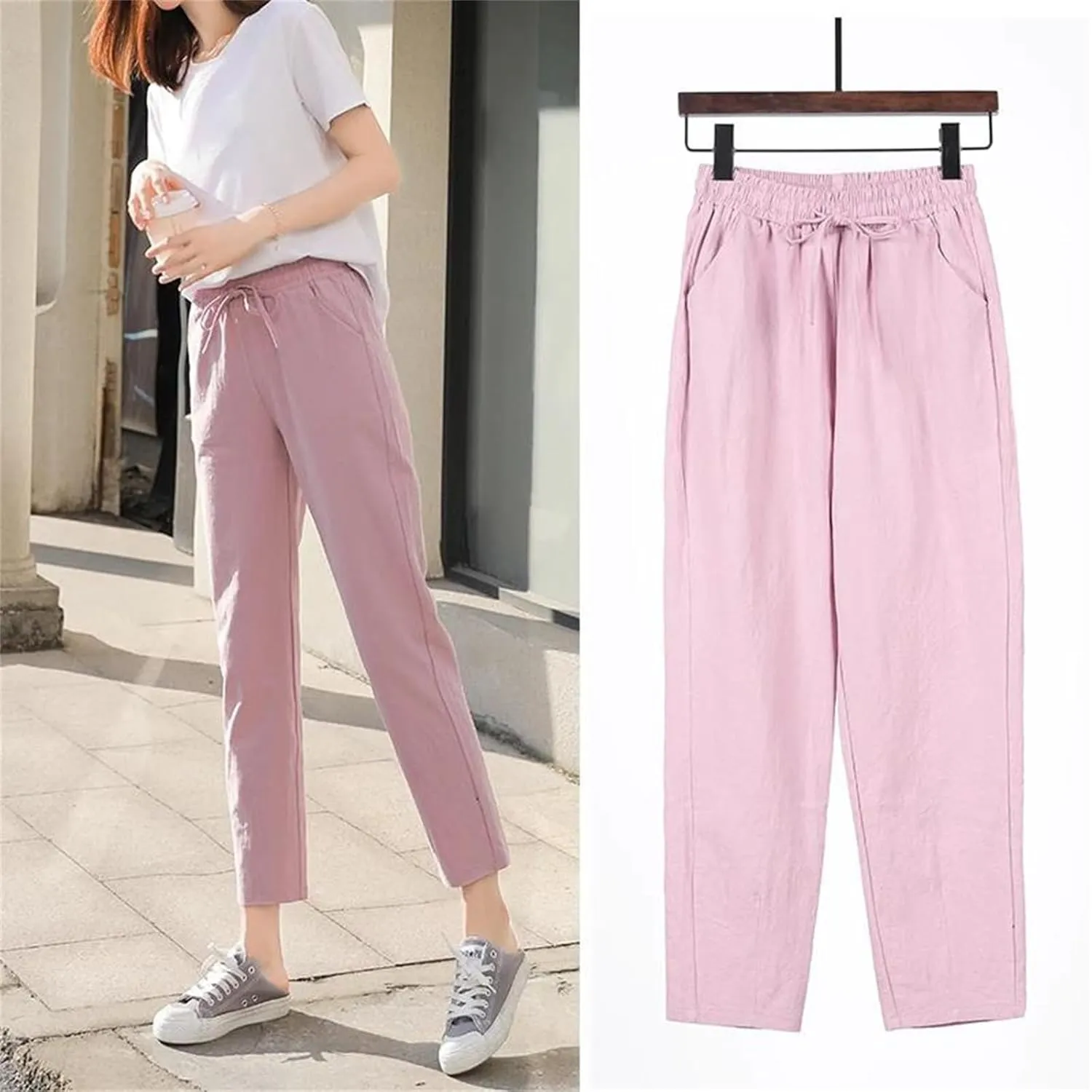 Spring Summer Pants for Women - Cotton Linen Solid Color, Elastic Waist, Casual Female Trousers