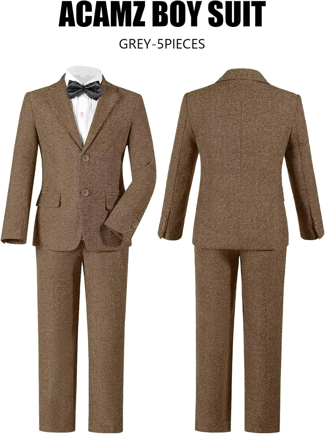 Suits for Boys Tweed Herringbone 5 Piece Toddler Kids Wedding Outfit Teen Boy Blazer Vest Pant Suit Tuxedo Set with Shirt Tie