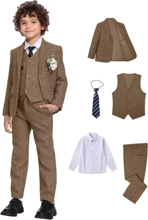 Suits for Boys Tweed Herringbone 5 Piece Toddler Kids Wedding Outfit Teen Boy Blazer Vest Pant Suit Tuxedo Set with Shirt Tie