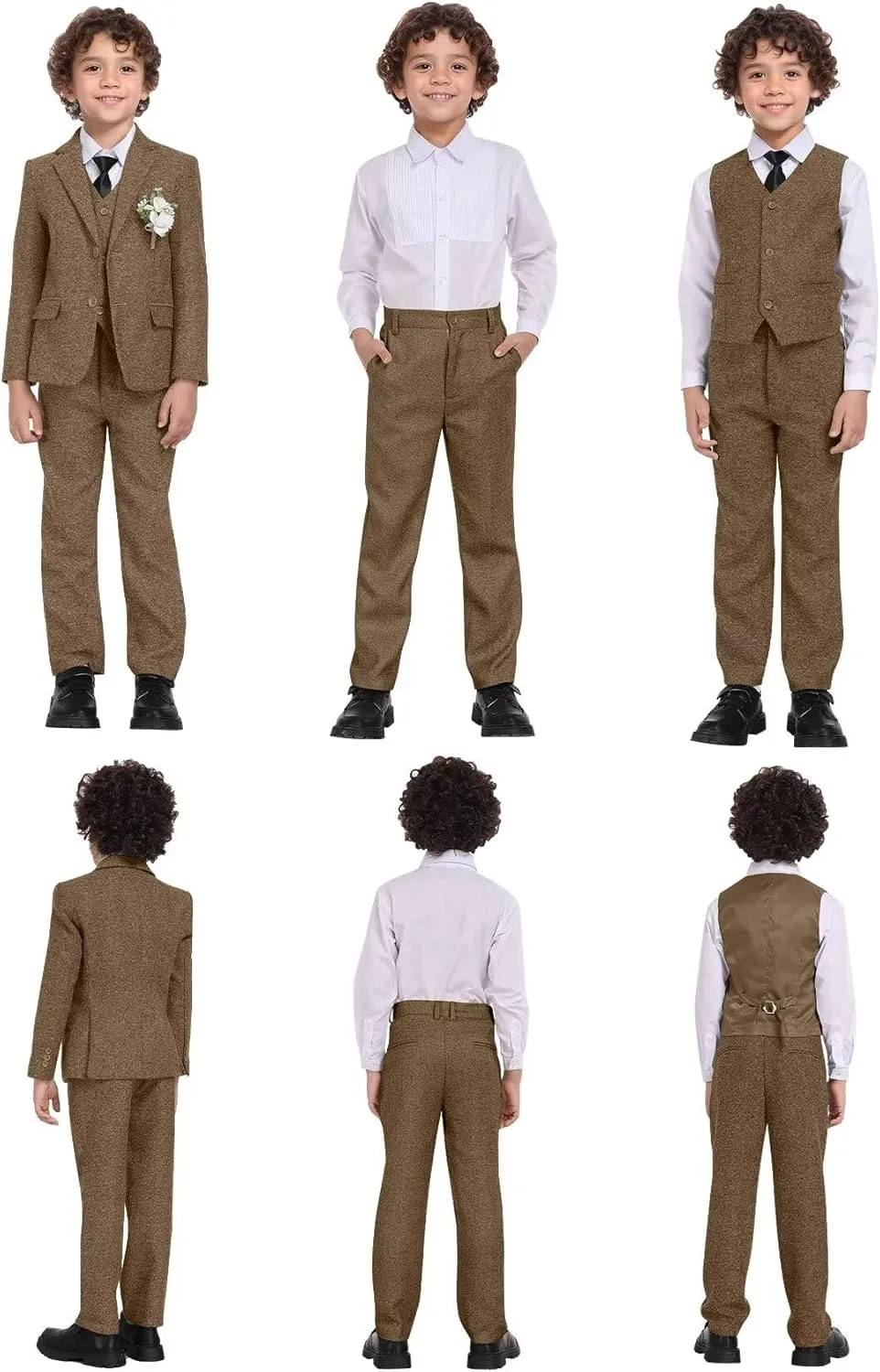 Suits for Boys Tweed Herringbone 5 Piece Toddler Kids Wedding Outfit Teen Boy Blazer Vest Pant Suit Tuxedo Set with Shirt Tie