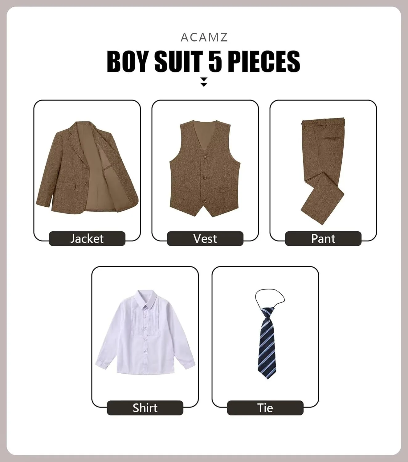 Suits for Boys Tweed Herringbone 5 Piece Toddler Kids Wedding Outfit Teen Boy Blazer Vest Pant Suit Tuxedo Set with Shirt Tie