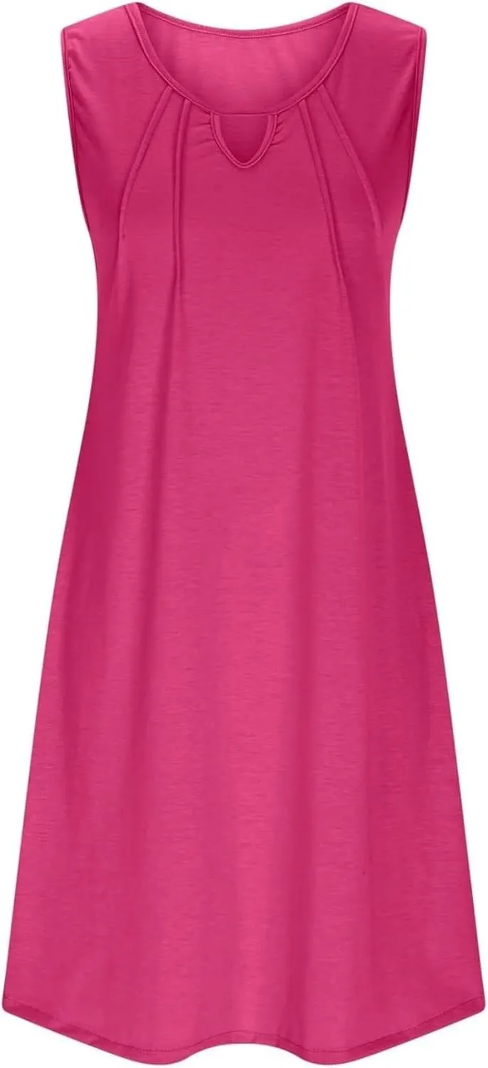 Summer Dresses for Women 2025 Keyhole Neck Casual Dress Sleeveless Pleated Mini Dress Beach Vacation Flowy Dresses