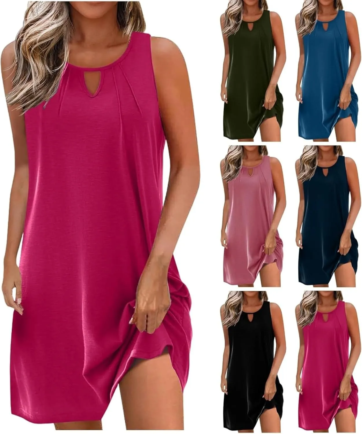 Summer Dresses for Women 2025 Keyhole Neck Casual Dress Sleeveless Pleated Mini Dress Beach Vacation Flowy Dresses