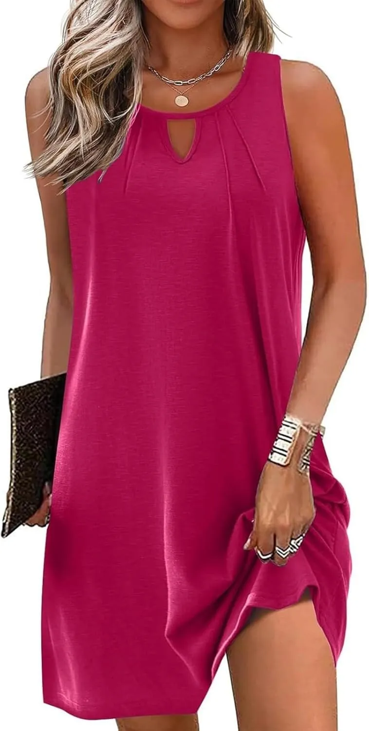 Summer Dresses for Women 2025 Keyhole Neck Casual Dress Sleeveless Pleated Mini Dress Beach Vacation Flowy Dresses