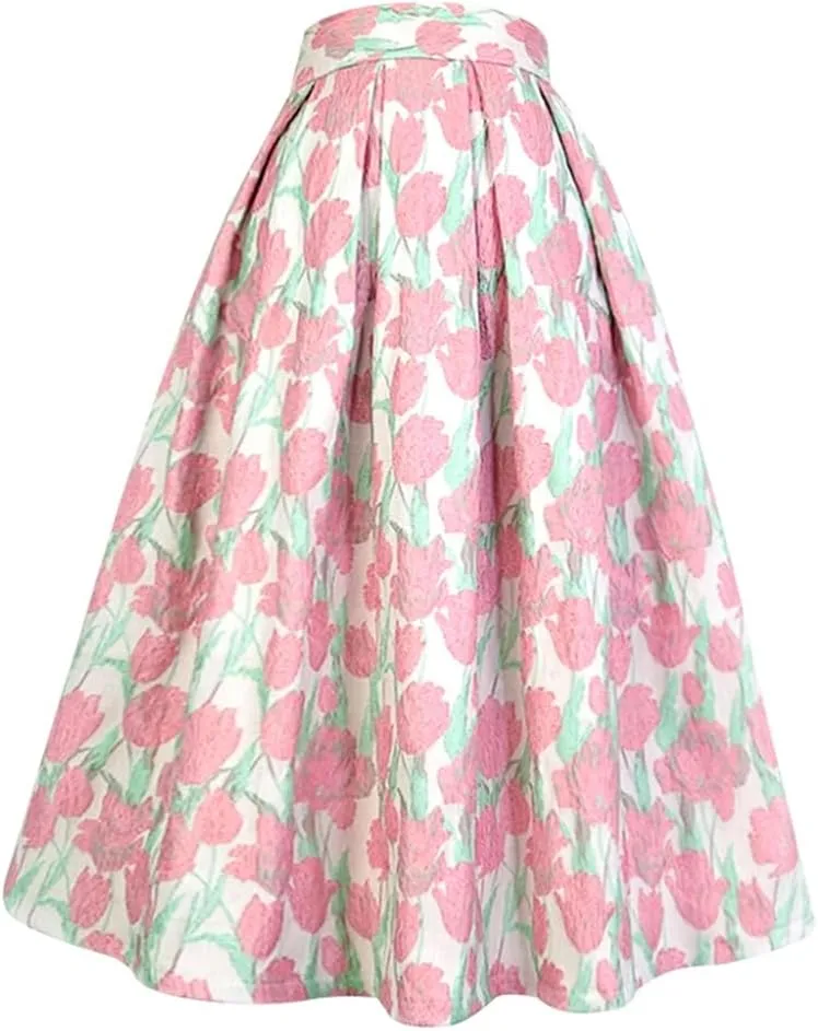 Summer Vintage Sweet Pink Floral Embroidery High Waist Long Pleated Midi Skirt Party Holiday 01 5XL#85cm Length
