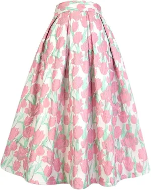Summer Vintage Sweet Pink Floral Embroidery High Waist Long Pleated Midi Skirt Party Holiday 01 5XL#85cm Length