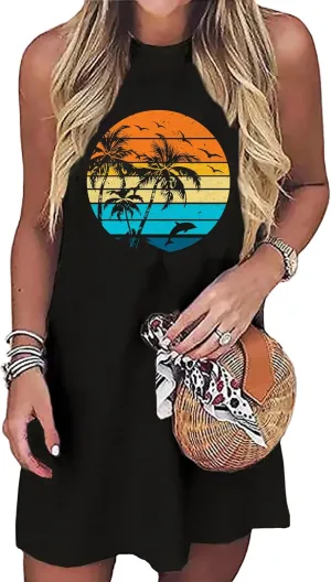 Sun Salt Sand Coconut Tree Tank Mini Dress Sundresses for Women Sleeveless Summer Graphic Vacation Hawaiian Dress 2025