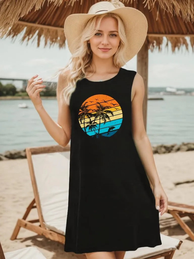 Sun Salt Sand Coconut Tree Tank Mini Dress Sundresses for Women Sleeveless Summer Graphic Vacation Hawaiian Dress 2025