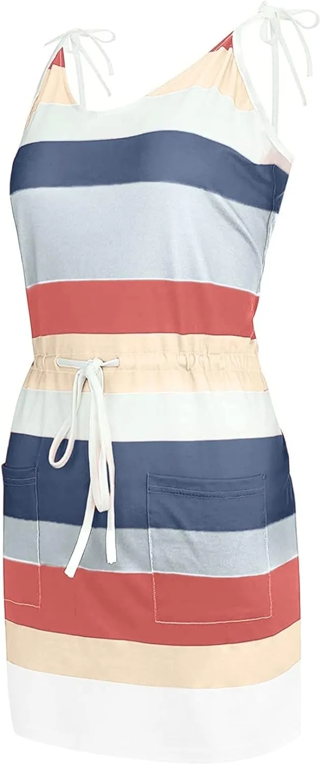 Sundresses for Women,2024 Summer Casual Sling V Neck Mini Dress,Trendy Striped Drawstring T Shirt Dress with Pockets