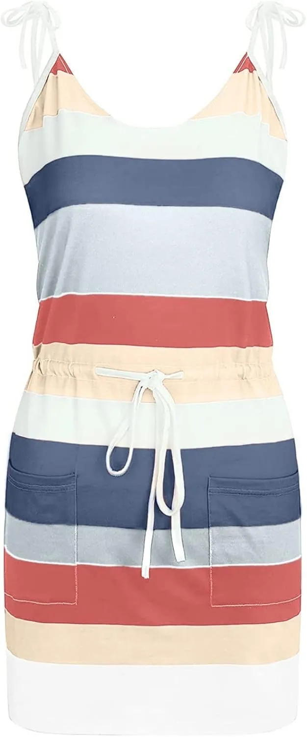 Sundresses for Women,2024 Summer Casual Sling V Neck Mini Dress,Trendy Striped Drawstring T Shirt Dress with Pockets