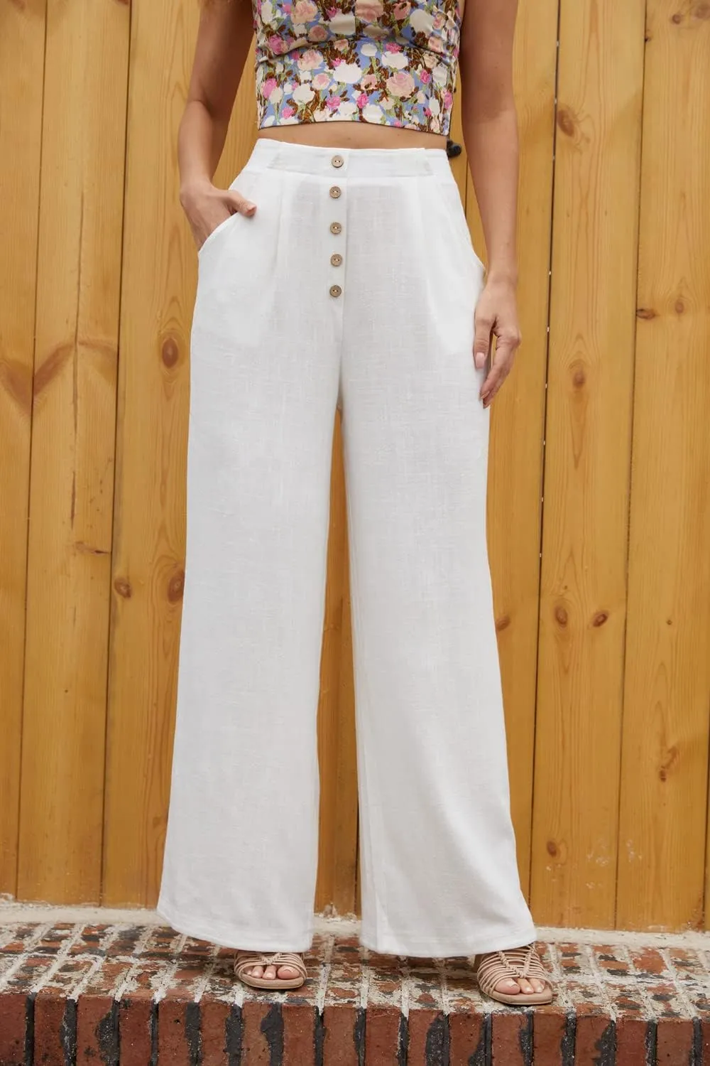 SVALIY Women Flowy Pants Cotton Linen Wide Leg Palazzo Pants Long Lounge Slacks High Waist Button Trousers Pocket