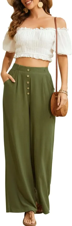 SVALIY Women Flowy Pants Cotton Linen Wide Leg Palazzo Pants Long Lounge Slacks High Waist Button Trousers Pocket