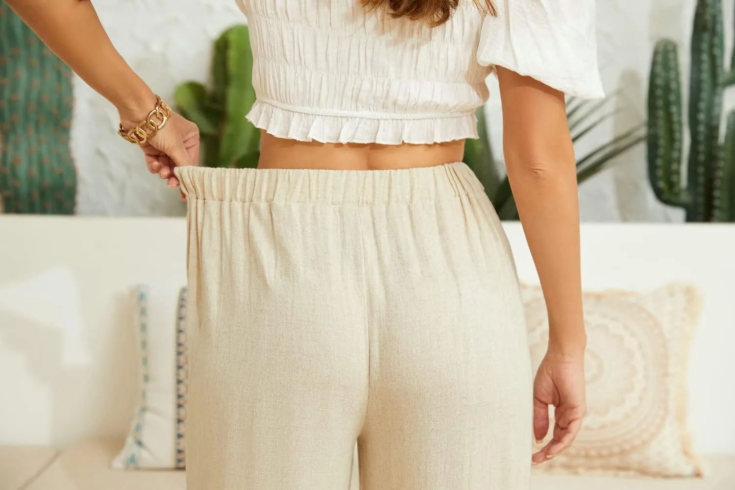 SVALIY Women Flowy Pants Cotton Linen Wide Leg Palazzo Pants Long Lounge Slacks High Waist Button Trousers Pocket