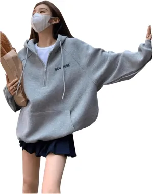 SweatyRocks Women's Half Zip Letter Embroidery Hooded Sweatshirt Oversized Long Sleeve Drawstring Hoodies