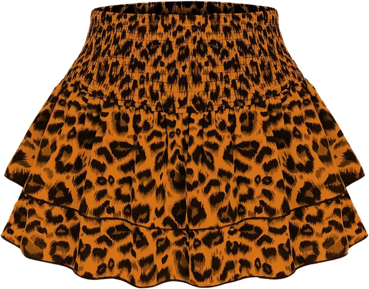 SweatyRocks Women's Y2K Cheetah Print Layered Ruffle Shirred High Waist Leopard Mini Short Skirts