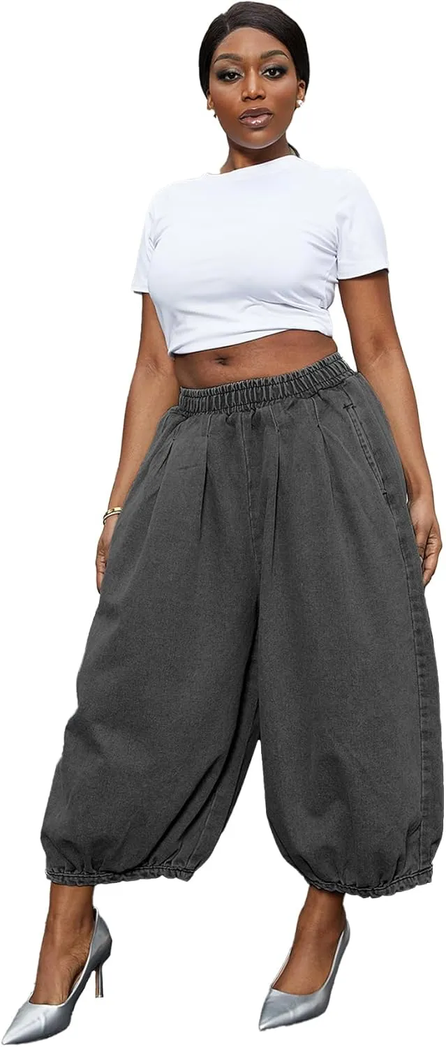 Tbahhir Women's Baggy Jeans Loose Cropped Elastic Waist Denim Pants Barrel Trousers with Pockets