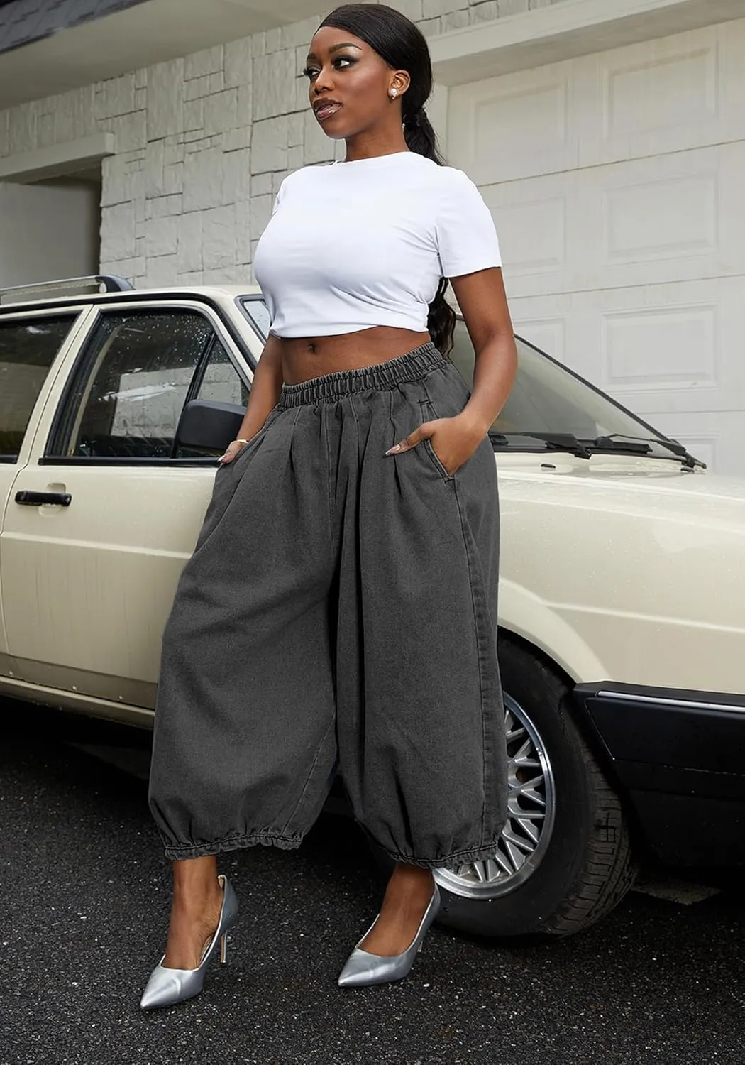 Tbahhir Women's Baggy Jeans Loose Cropped Elastic Waist Denim Pants Barrel Trousers with Pockets