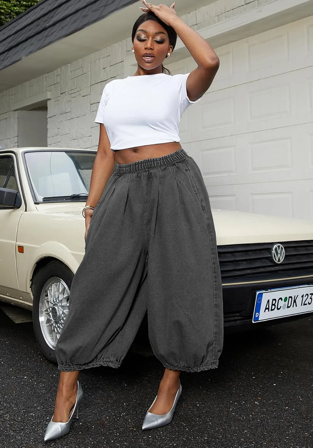 Tbahhir Women's Baggy Jeans Loose Cropped Elastic Waist Denim Pants Barrel Trousers with Pockets