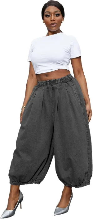 Tbahhir Women's Baggy Jeans Loose Cropped Elastic Waist Denim Pants Barrel Trousers with Pockets