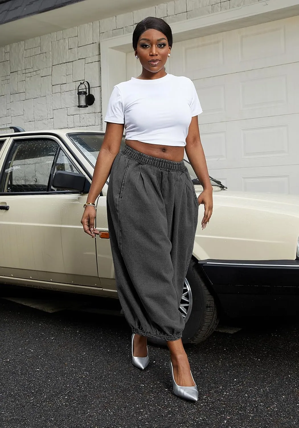 Tbahhir Women's Baggy Jeans Loose Cropped Elastic Waist Denim Pants Barrel Trousers with Pockets
