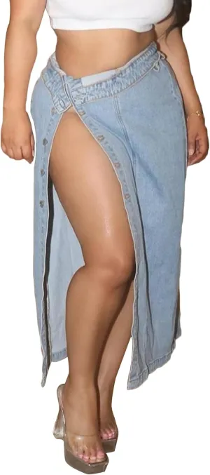 Tbahhir Women's High Slit Denim Skirt Button Down Vintage Jean Skirts Long Washed Clubwear Blue