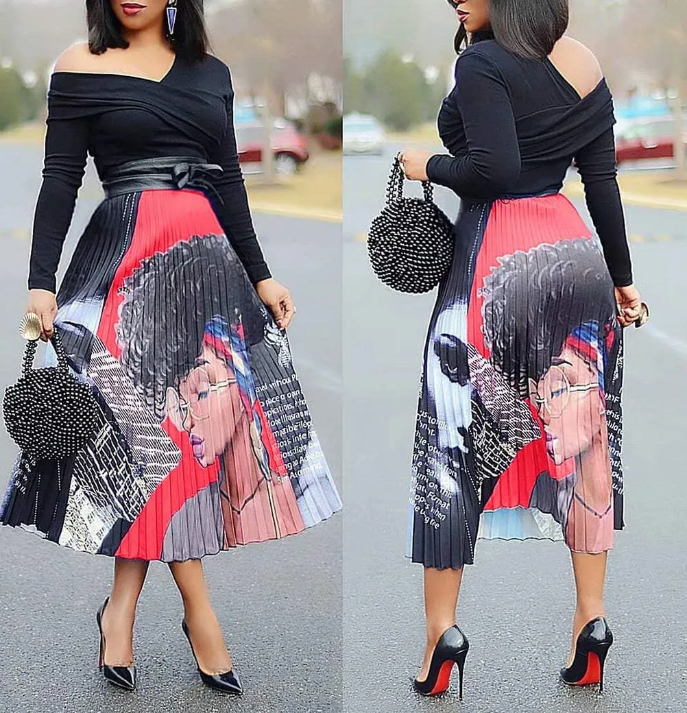 ThusFar Women's Graffiti Pleated Skirts Cartoon Printed Elastic Waist A-Line Swing Midi Skirt