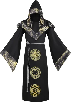 TOONRAIN Mens Halloween Costume Medieval Sorcerer Robe Dark Wizard Renaissance Vintage Hooded Cape Black Cloak