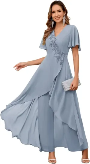 TORYEMY Mother of The Bride Pant Suits for Wedding Chiffon Lace Appliques Short Sleeve Pant Suits for Women Dressy with Bead