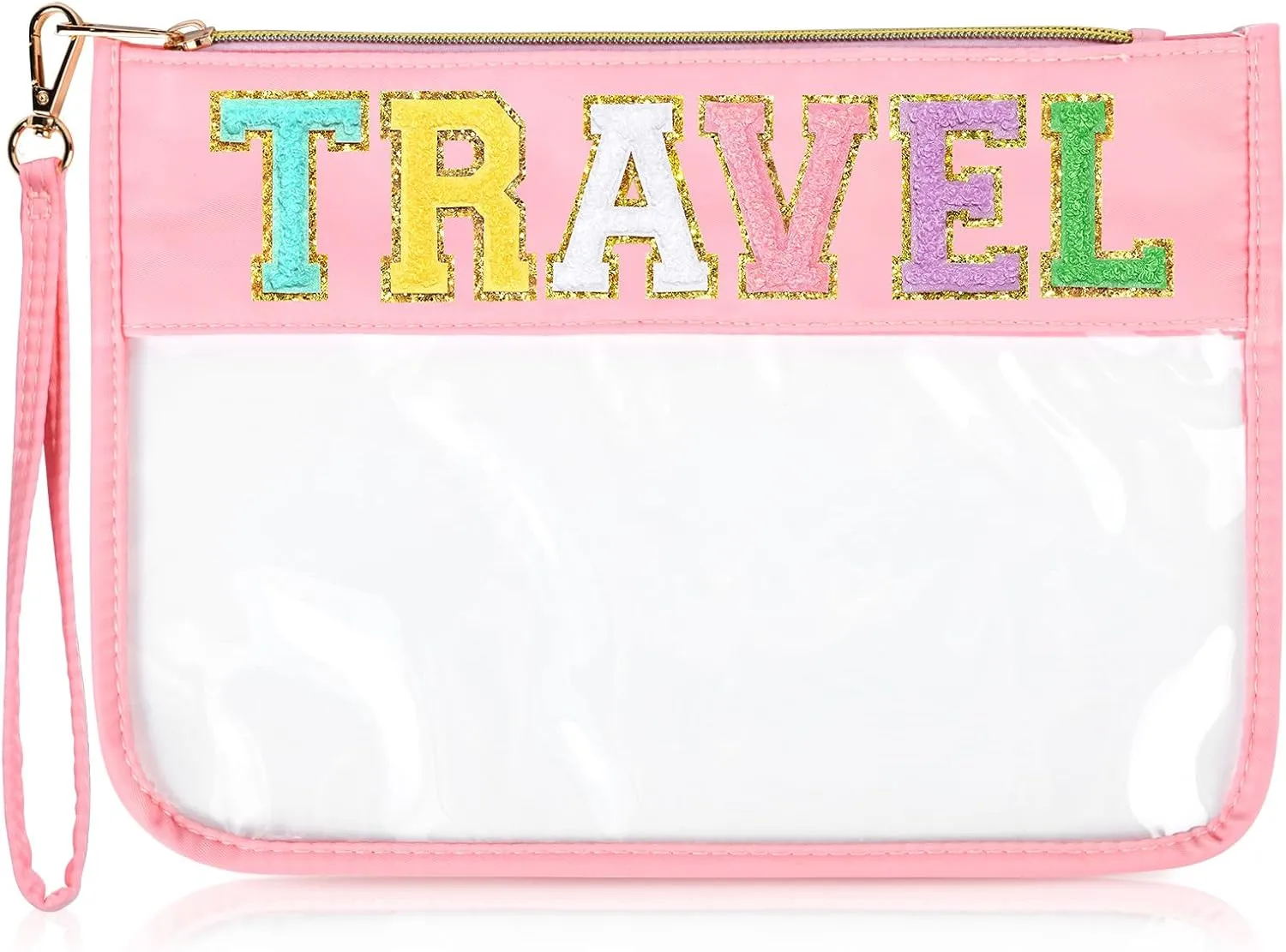 Travel Makeup Bag Chenille Letter Patch Large Waterproof PVC Toiletry Bag Preppy Nylon Cosmetic Organizer for Women and Girls