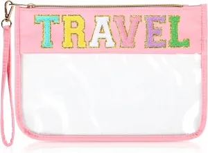 Travel Makeup Bag Chenille Letter Patch Large Waterproof PVC Toiletry Bag Preppy Nylon Cosmetic Organizer for Women and Girls