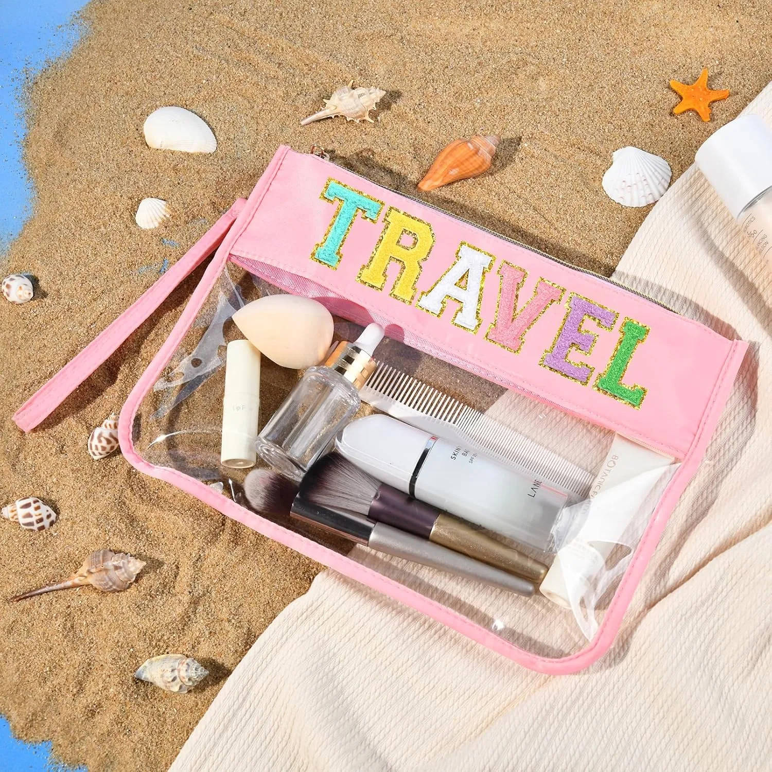 Travel Makeup Bag Chenille Letter Patch Large Waterproof PVC Toiletry Bag Preppy Nylon Cosmetic Organizer for Women and Girls