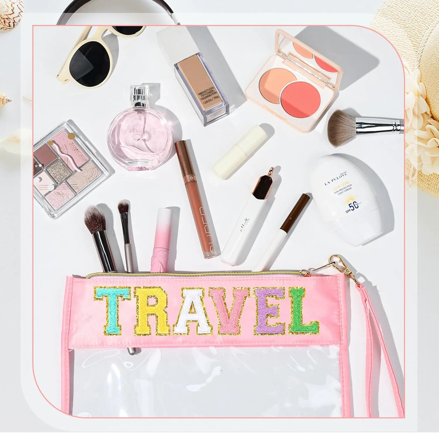 Travel Makeup Bag Chenille Letter Patch Large Waterproof PVC Toiletry Bag Preppy Nylon Cosmetic Organizer for Women and Girls