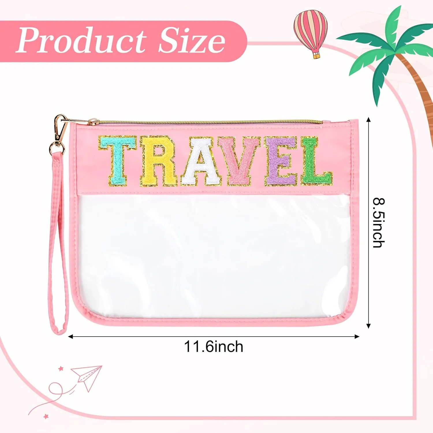 Travel Makeup Bag Chenille Letter Patch Large Waterproof PVC Toiletry Bag Preppy Nylon Cosmetic Organizer for Women and Girls