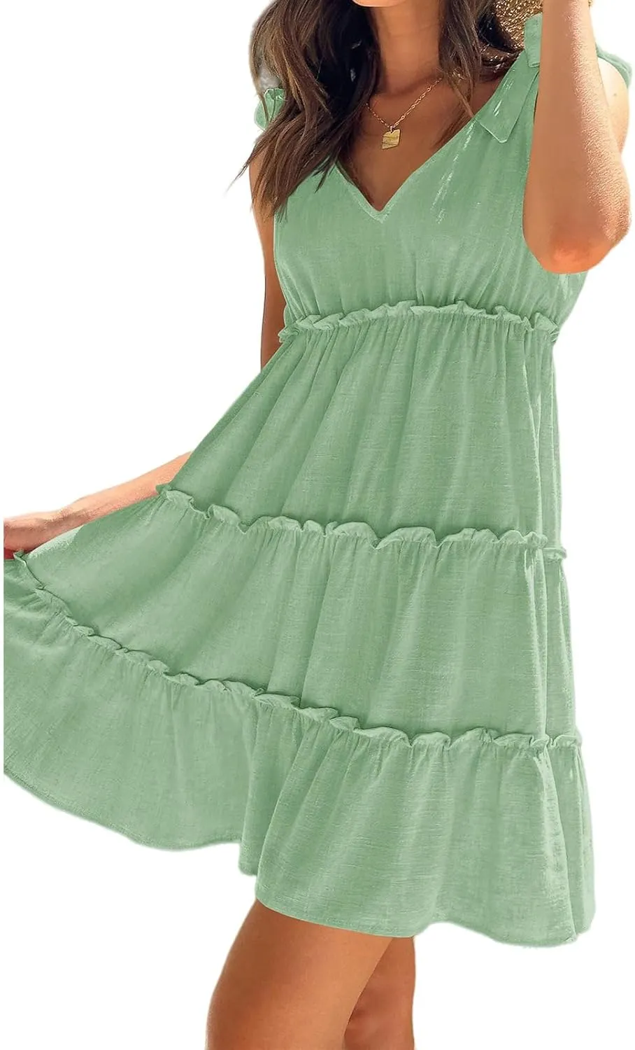 uSecee Summer Dress for Women Tie Shoulder V Neck Sleeveless Tiered Ruffle Swing A Line Short Sundresses Badydoll Mini Dress