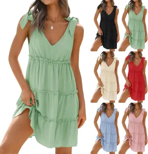 uSecee Summer Dress for Women Tie Shoulder V Neck Sleeveless Tiered Ruffle Swing A Line Short Sundresses Badydoll Mini Dress