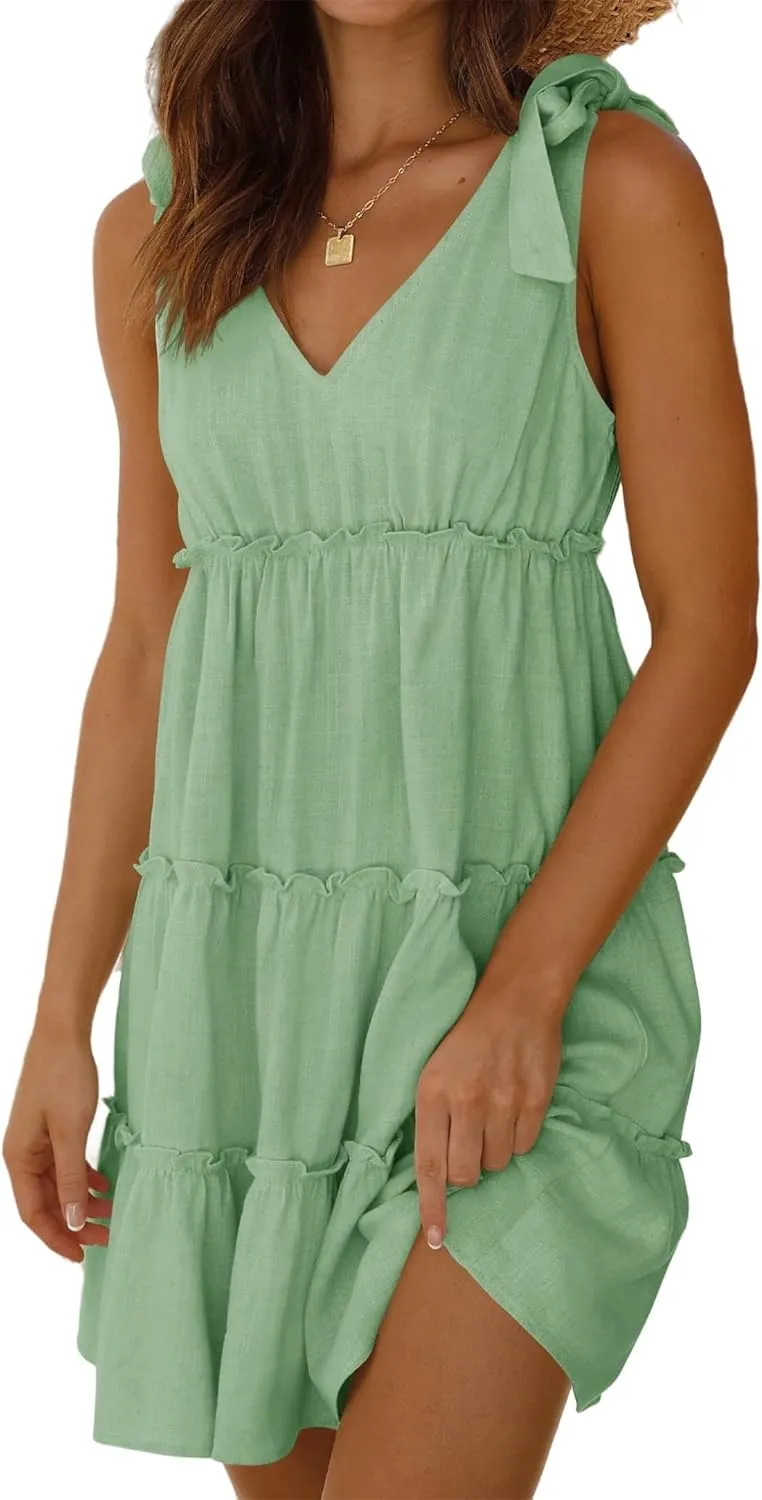 uSecee Summer Dress for Women Tie Shoulder V Neck Sleeveless Tiered Ruffle Swing A Line Short Sundresses Badydoll Mini Dress
